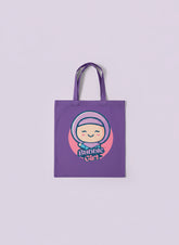 Purple tote bag with a cartoon character and 'Bubble Girl' text on a light purple background Bubble Girl hijab
