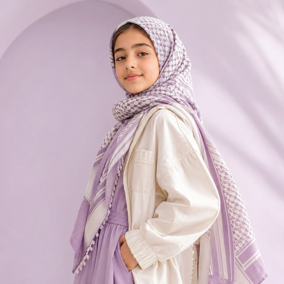 A girl wearing a lilac and cream Bubble Girl keffiyeh scarf