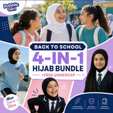 Back to School 4-in-1 Hijab Bundle plus free undercap. Girls wearing Bubble Girl school hijabs in the playground, in PE kit and in school uniform. Lightweight and comfortable, secure stay-put fit, everyday confidence.