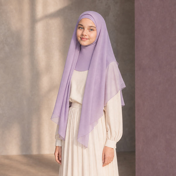 Girl wearing a lilac FeatherLite instant hijab for girls, undercap and georgette layers visible