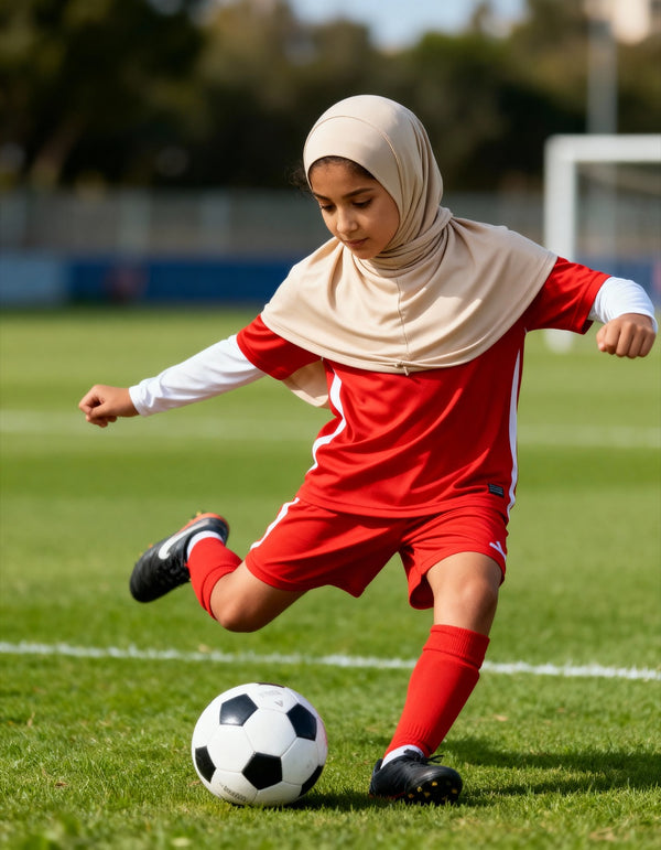 Girl aged 10 kicking a football wearing a black FitWrap sports hijab for PE