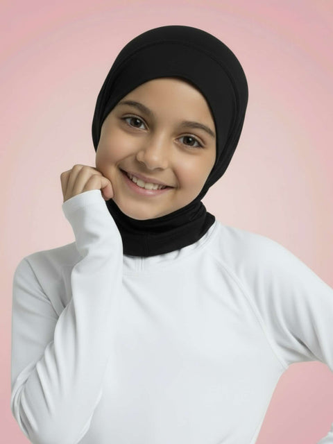 Girl wearing the Nightfall Nectar black FitWrap sports hijab