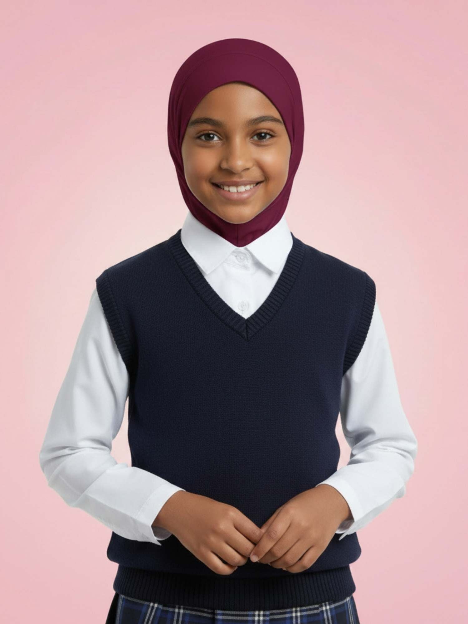 Child wearing a dark blue sweater vest over a white shirt with a maroon hijab on a pink background