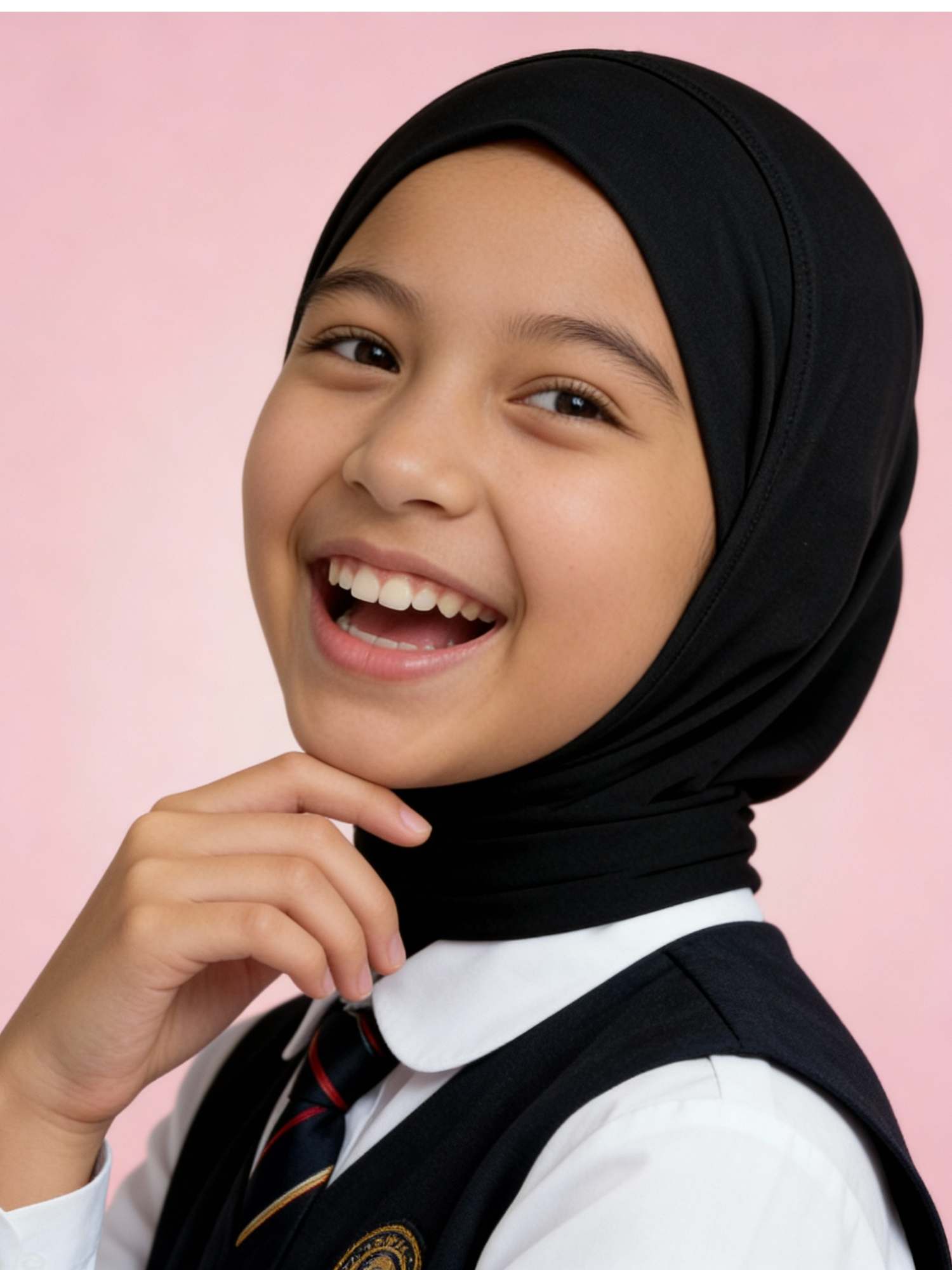 Child wearing a black hijab and school uniform against a pink background