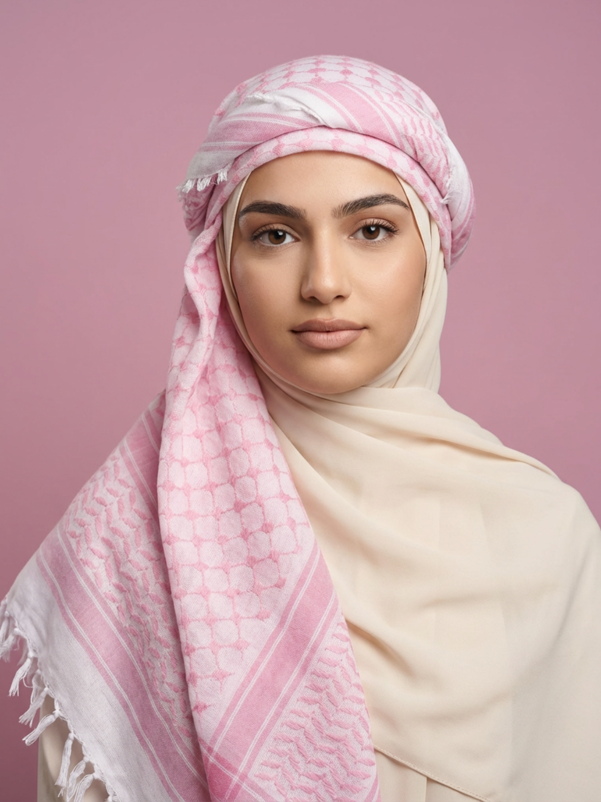 Woman wearing a pink and white patterned headscarf on a pink background