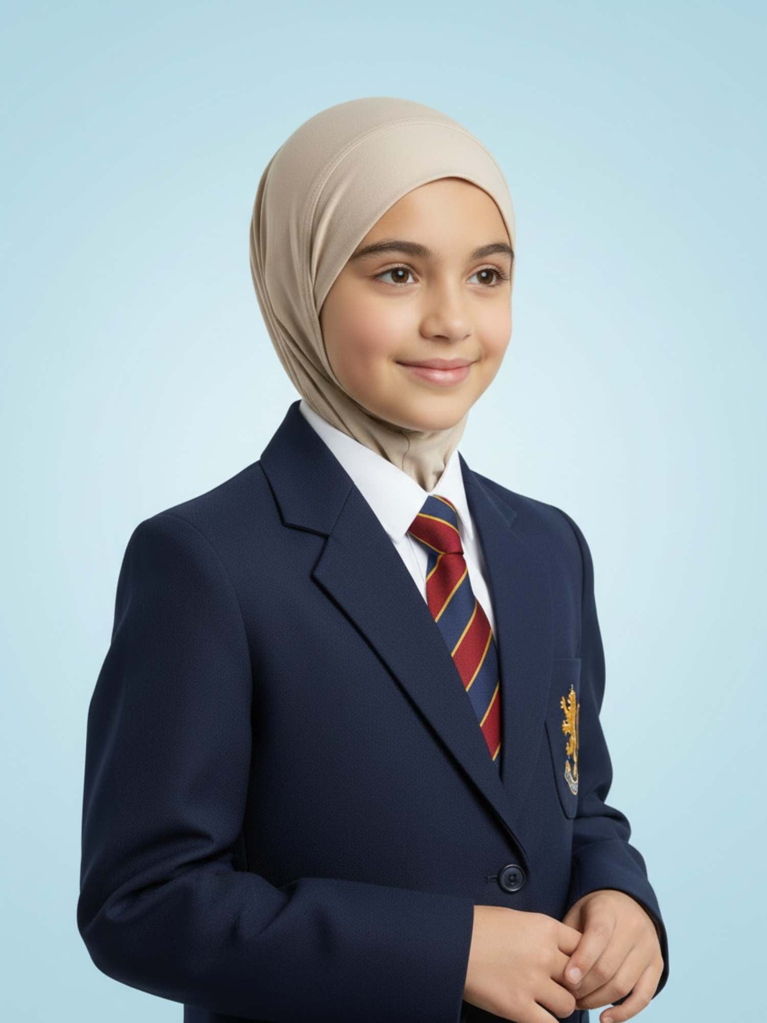 Young girl in a school uniform with a beige hijab on a light blue background