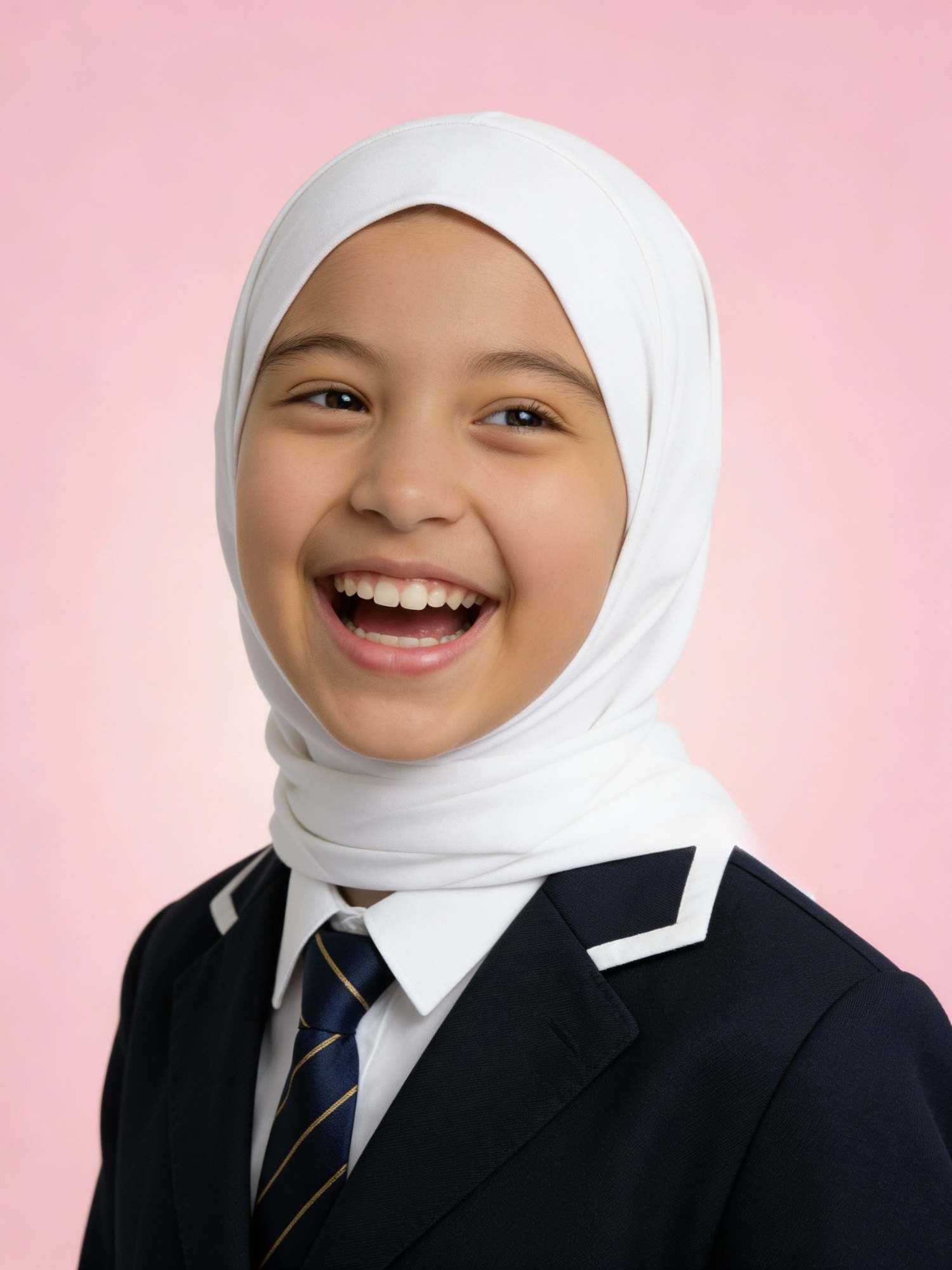 Child wearing a white hijab and dark suit with a pink background