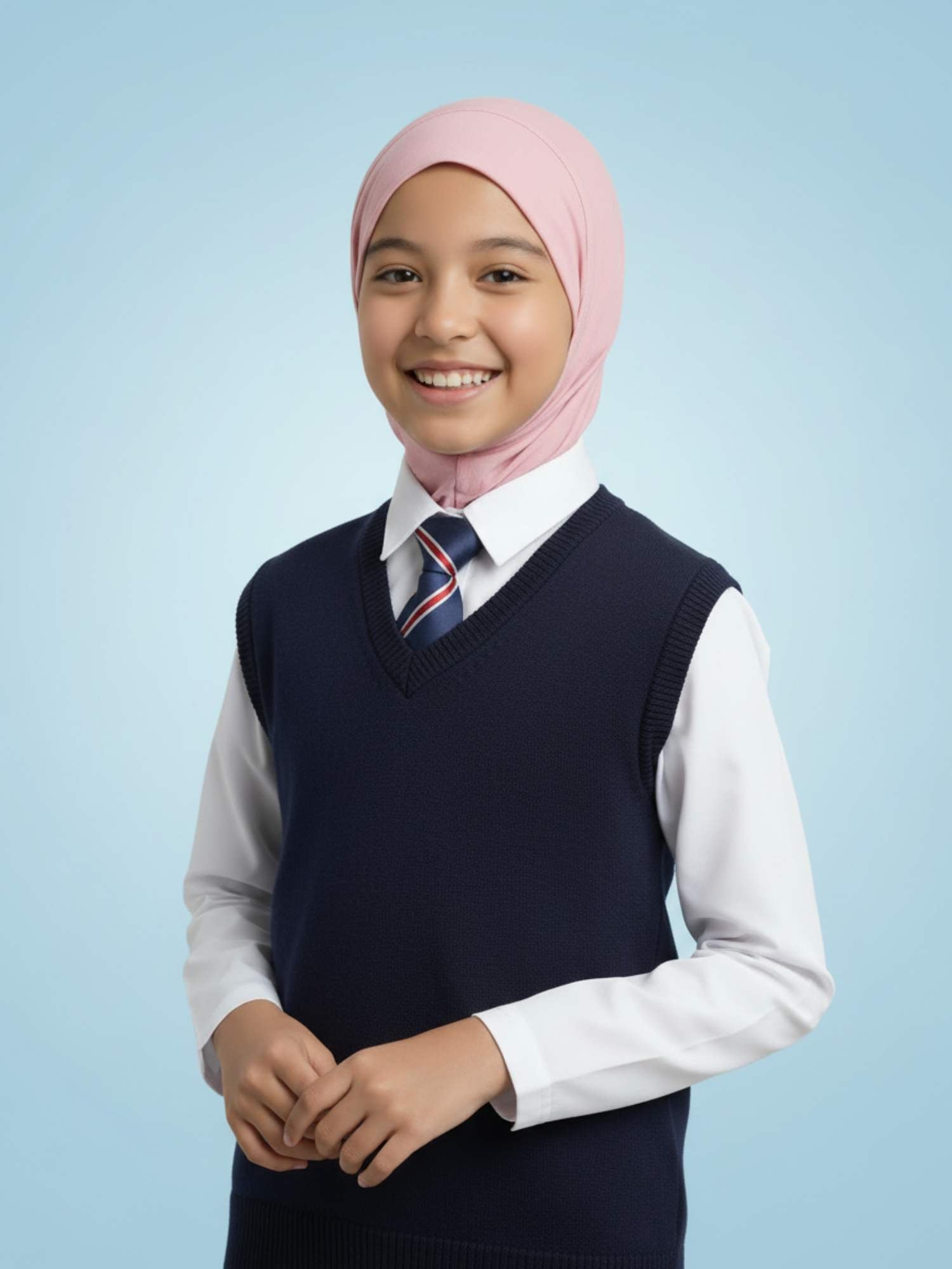 Person wearing a navy vest, white shirt, and pink hijab against a light blue background