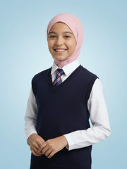 Person wearing a navy vest, white shirt, and pink hijab against a light blue background