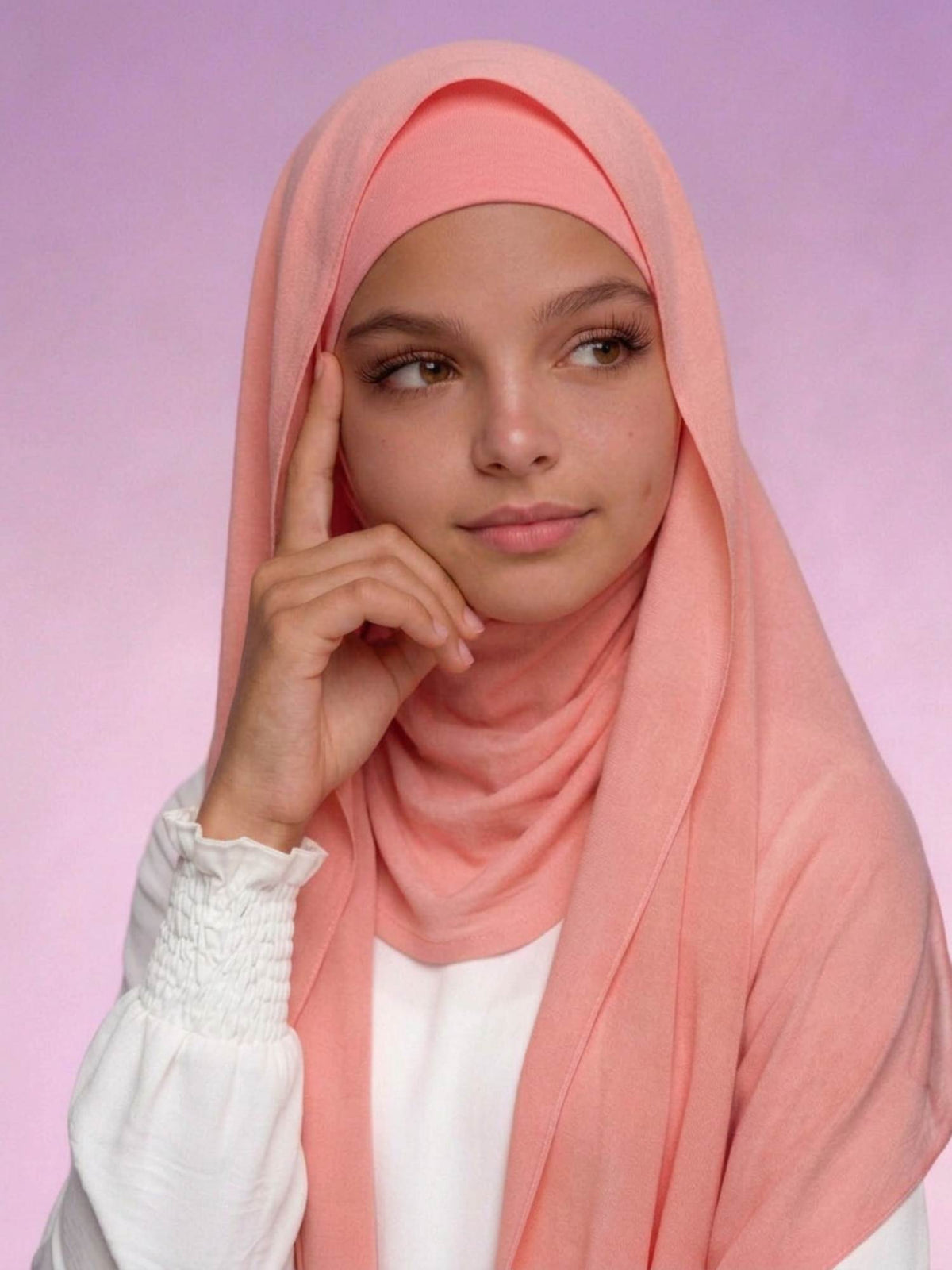 Coral pink FeatherLite instant hijab for girls, three quarter front view