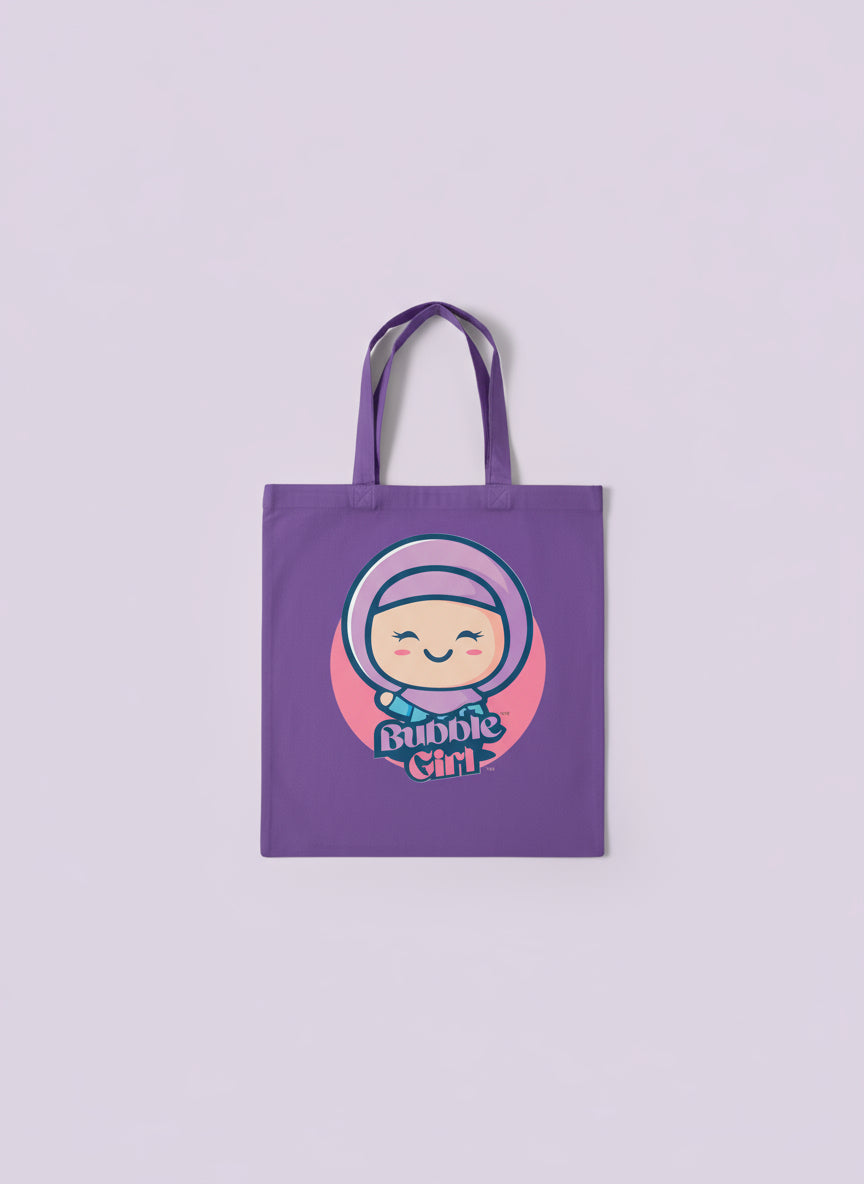 Purple tote bag with a cartoon character and 'Bubble Girl' text on a light purple background Bubble Girl hijab