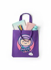 Purple tote bag with 'Bubble Girl' design, filled with school supplies on a white background Bubble Girl hijab