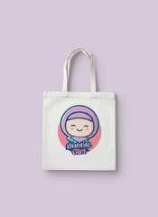 Tote bag with a cartoon character and 'Bubble Girl' text on a light purple background Bubble Girl hijab