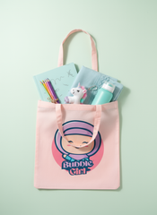 Pink tote bag with 'Bubble Girl' design, containing school supplies on a light green background Bubble Girl hijab