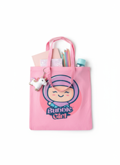 Pink tote bag with 'Bubble Girl' design, filled with stationery items on a white background Bubble Girl hijab