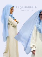 FeatherLite Lavender Clay instant hijab for girls shown on two models, brand banner