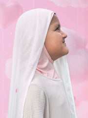 Close-up of modal instant hijab for girls in white with pink hearts