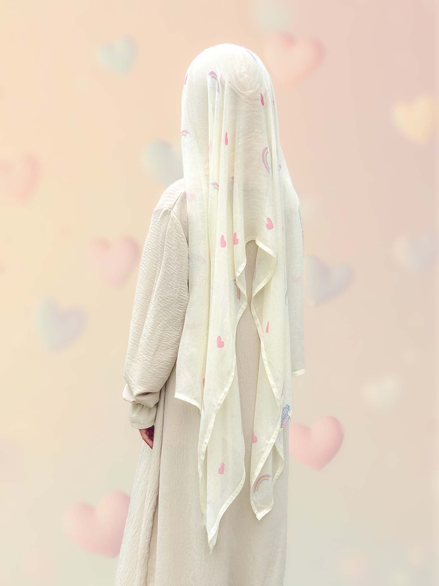 Back view of Bubble Girl Chibi Hijab in pastel rainbow modal fabric, showing full coverage and neat finish for girls.
