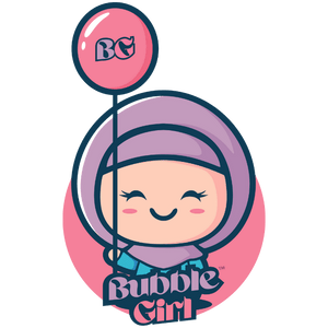 Bubble Girl character holding a BG balloon