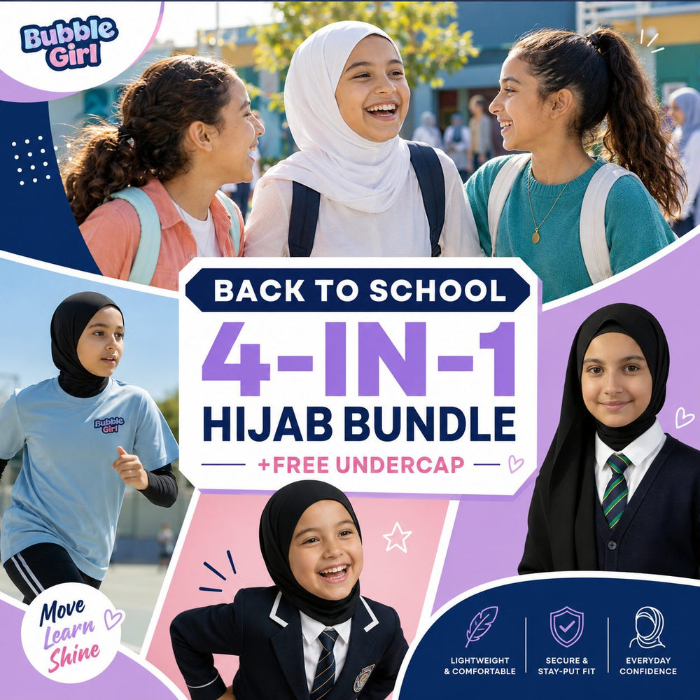 Girls wearing Bubble Girl school hijabs in the playground, in PE kit and in school uniform