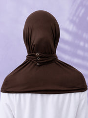 Back view of the brown FitWrap hijab showing the three buttons that tighten the fit