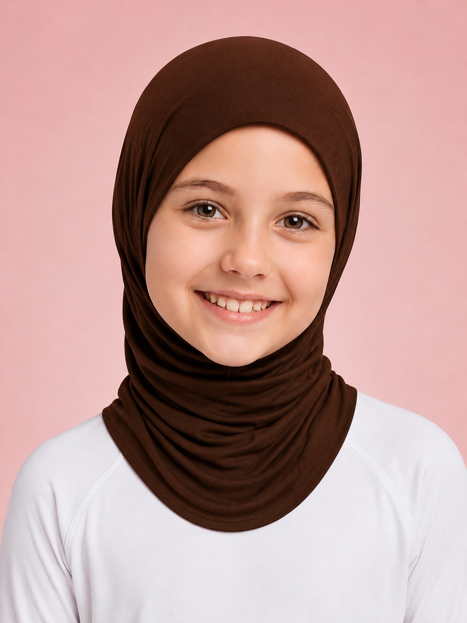 Front view of a girl wearing the Cocoa Crumble dark brown instant hijab for school