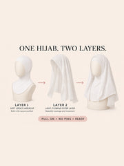 FeatherLite instant hijab construction: layer one soft jersey undercap, layer two light flowing outer layer, pull on with no pins