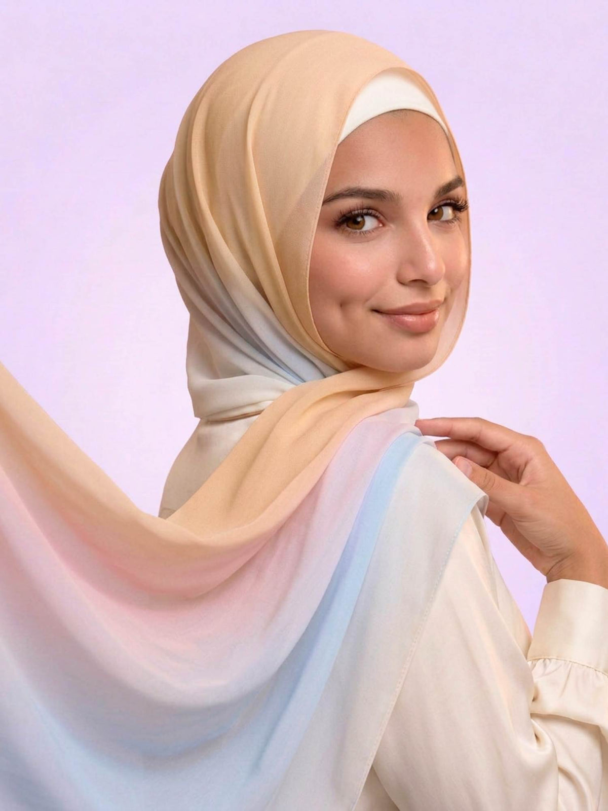 Pastel ombre FeatherLite instant hijab for girls in cream, pink and blue, side view