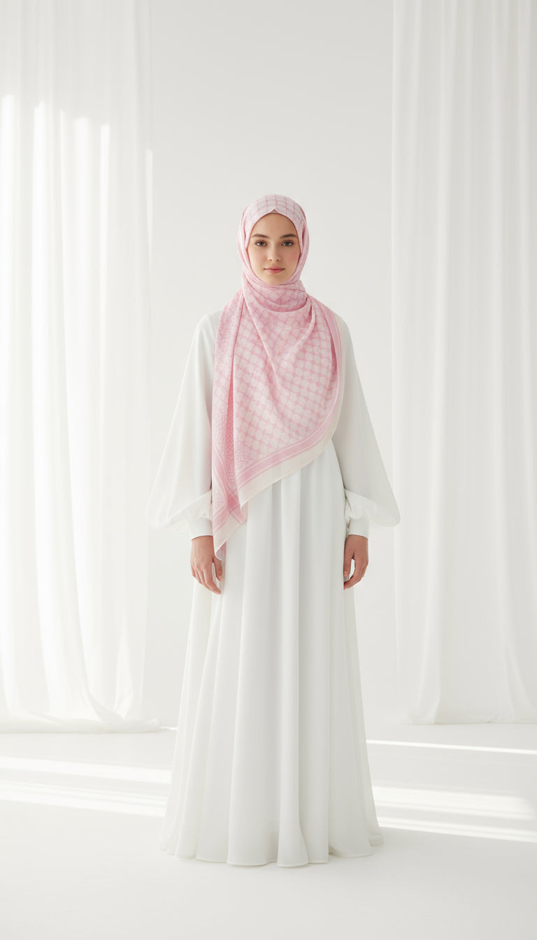 Woman wearing a white dress and pink hijab in a bright room with white curtains.
