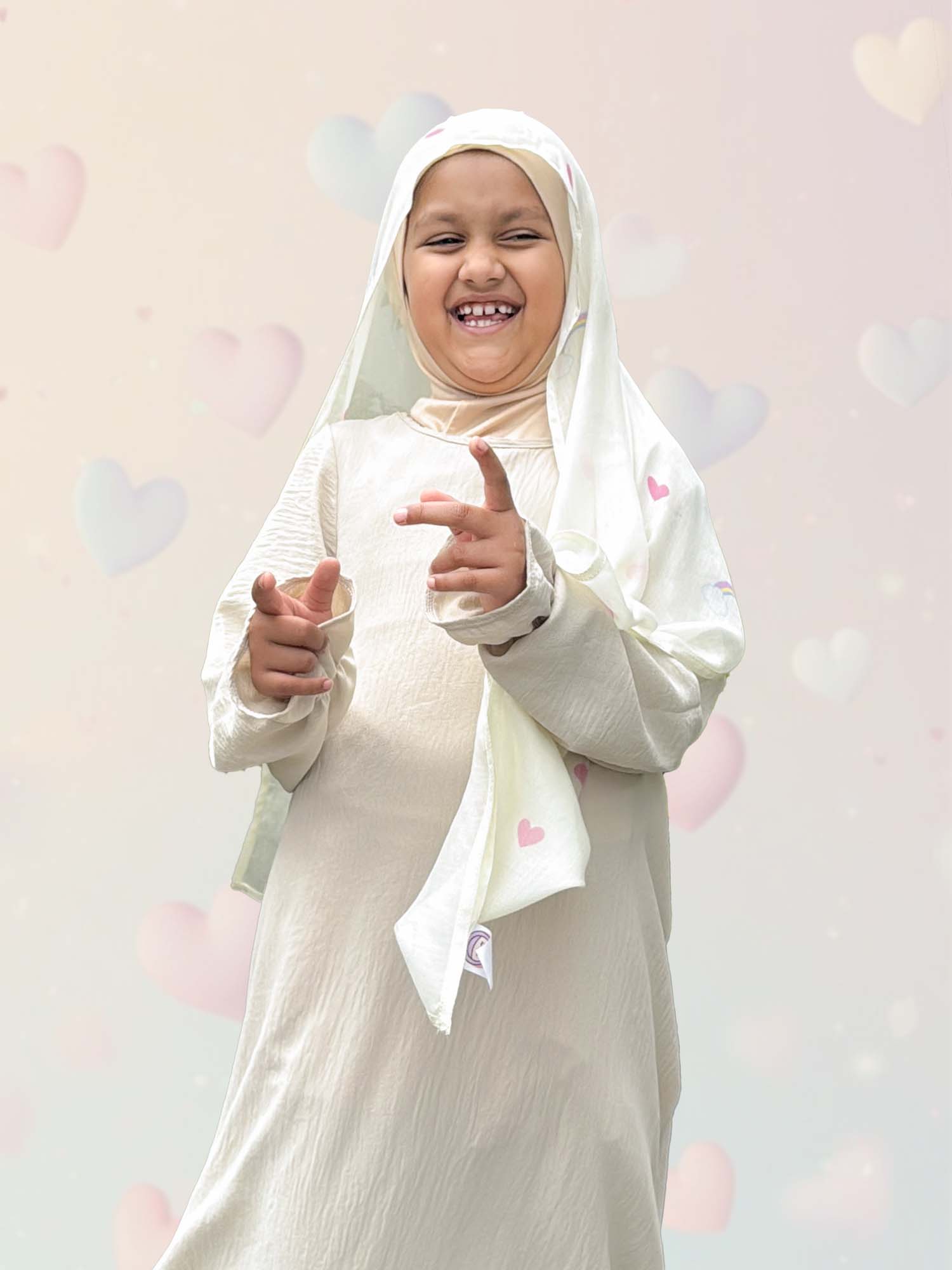 Front view of Bubble Girl Chibi Hijab in pastel rainbow stripes – modal instant hijab for girls aged 3–16 with built-in SoftTouch undercap
