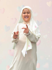 Front view of Bubble Girl Chibi Hijab in pastel rainbow stripes – modal instant hijab for girls aged 3–16 with built-in SoftTouch undercap