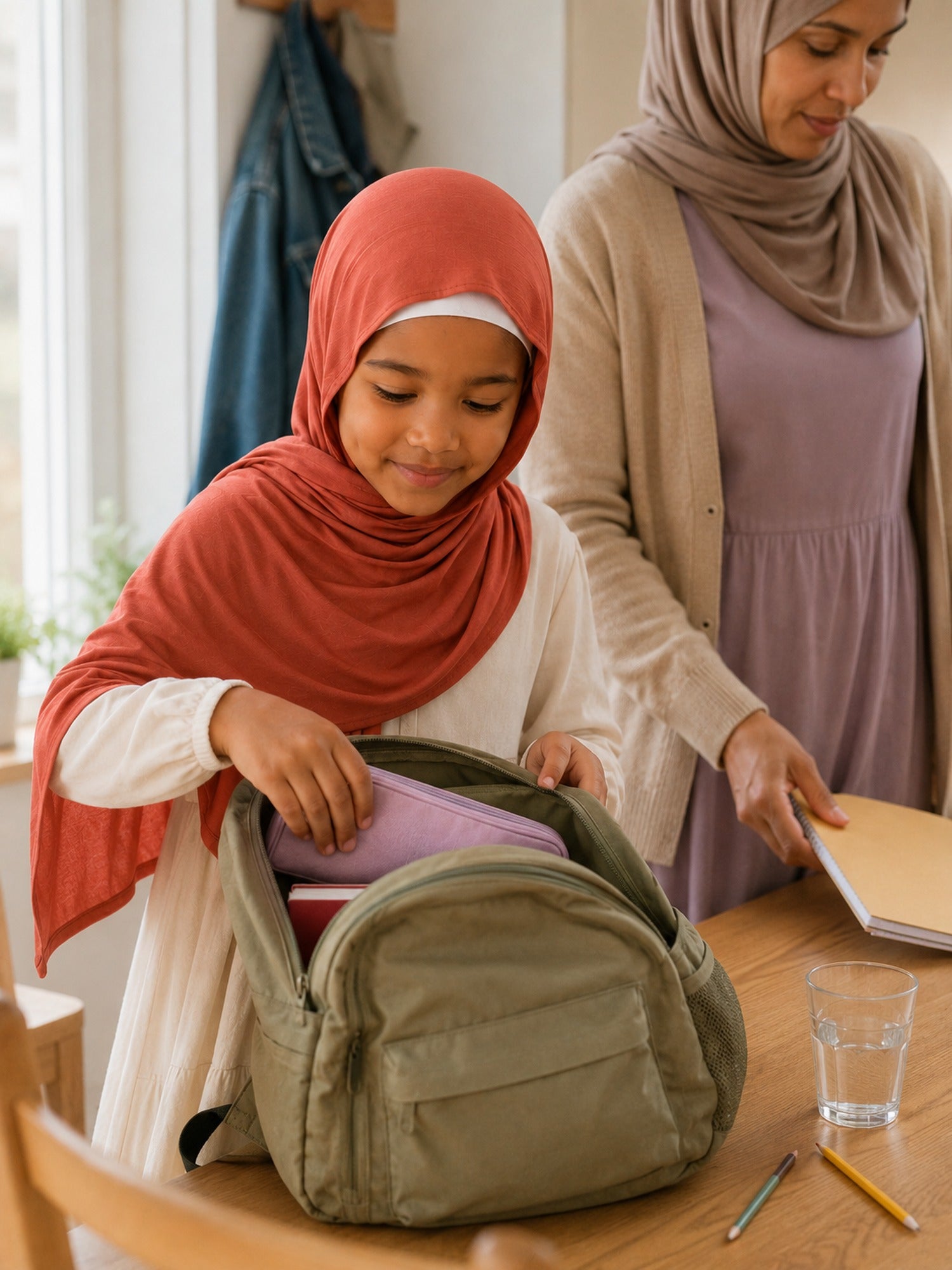 Girl in the rust jersey hijab for girls packing a school bag at a table beside a woman