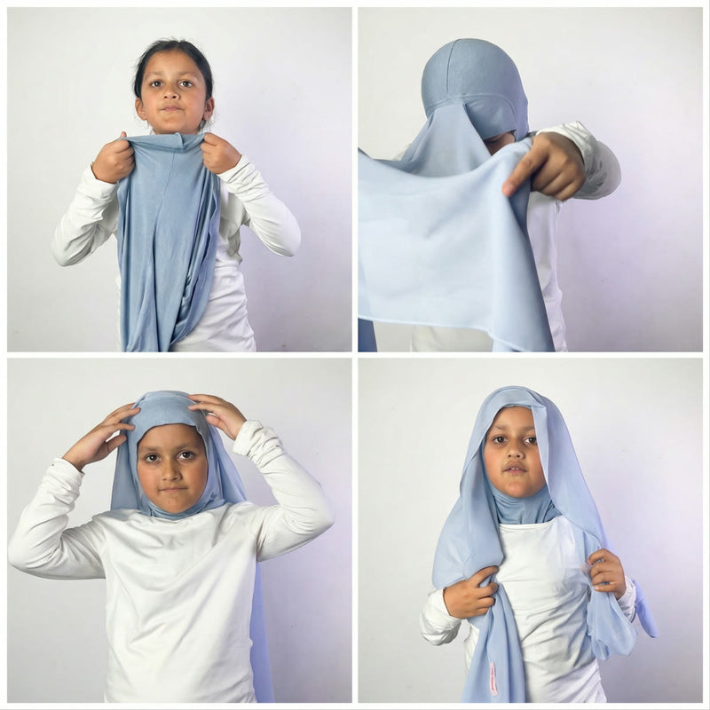 Four steps of a girl putting on the FeatherLite instant hijab for girls, undercap first, georgette falling into place