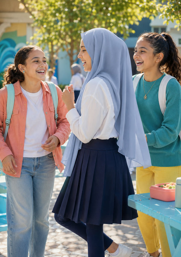 Girl wearing a light blue FeatherLite instant hijab for girls at school with friends