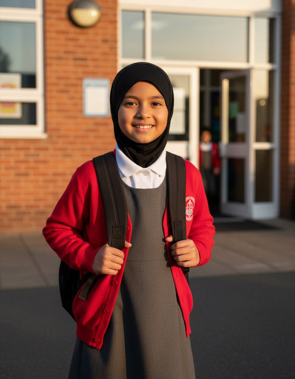 Girl in a black school hijab arriving at the school gate with her backpack