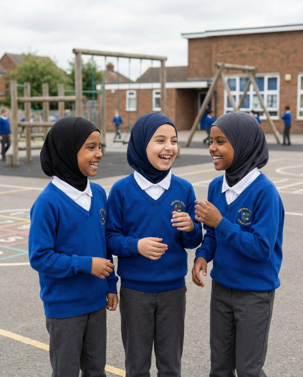 Three girls in navy, black and grey FitWrap school hijabs laughing in the playground